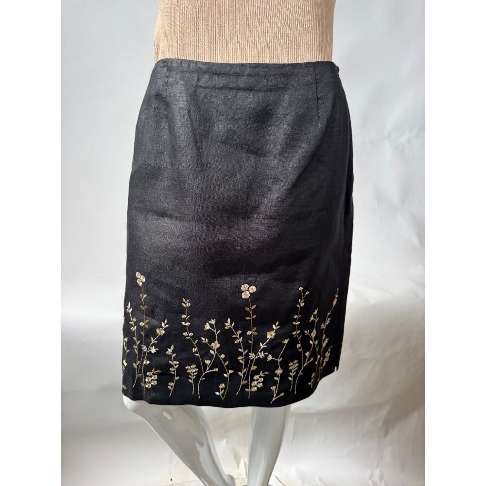Rafaella Black Linen Embroidered Floral Skirt Size 6